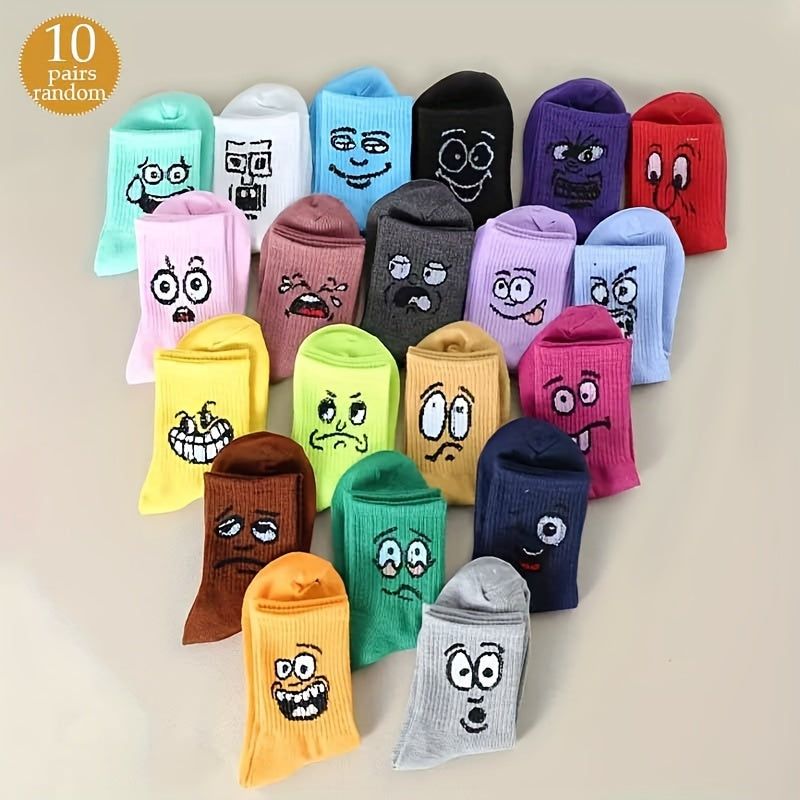 10 pairs of colorful mid-tube socks with cute cartoon expressions, perfect for women's hosiery.