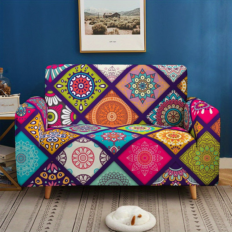 Colorful stretch sofa cover with elastic band adds a bohemian touch and protects furniture.