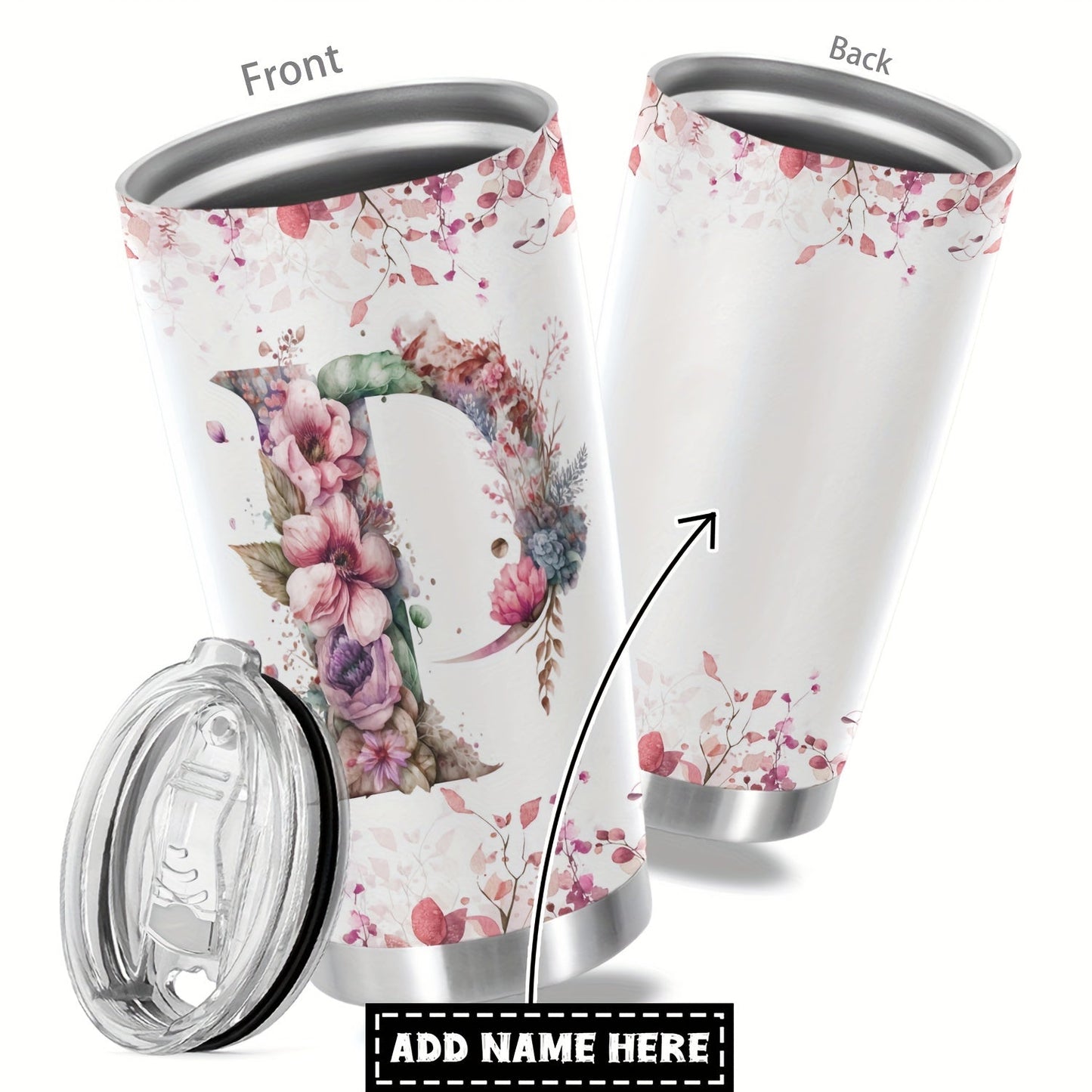 Customize your daily essentials with our Hsdiokl 20oz Insulated Stainless Steel Tumbler featuring a personalized name and flower design. This oval metal mug comes with 2 BPA-free lids, perfect for hand washing and multipurpose use. Designed for adults