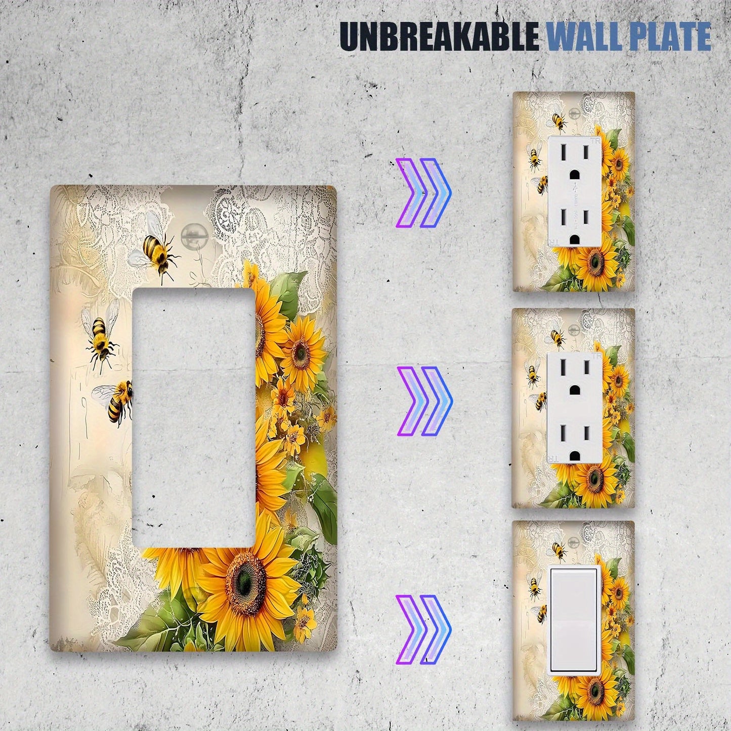 Decorative sunflower and bees light for switch cover, easy to install in kitchen, bathroom, or bedroom. Available for 1 or 2 gang switches.