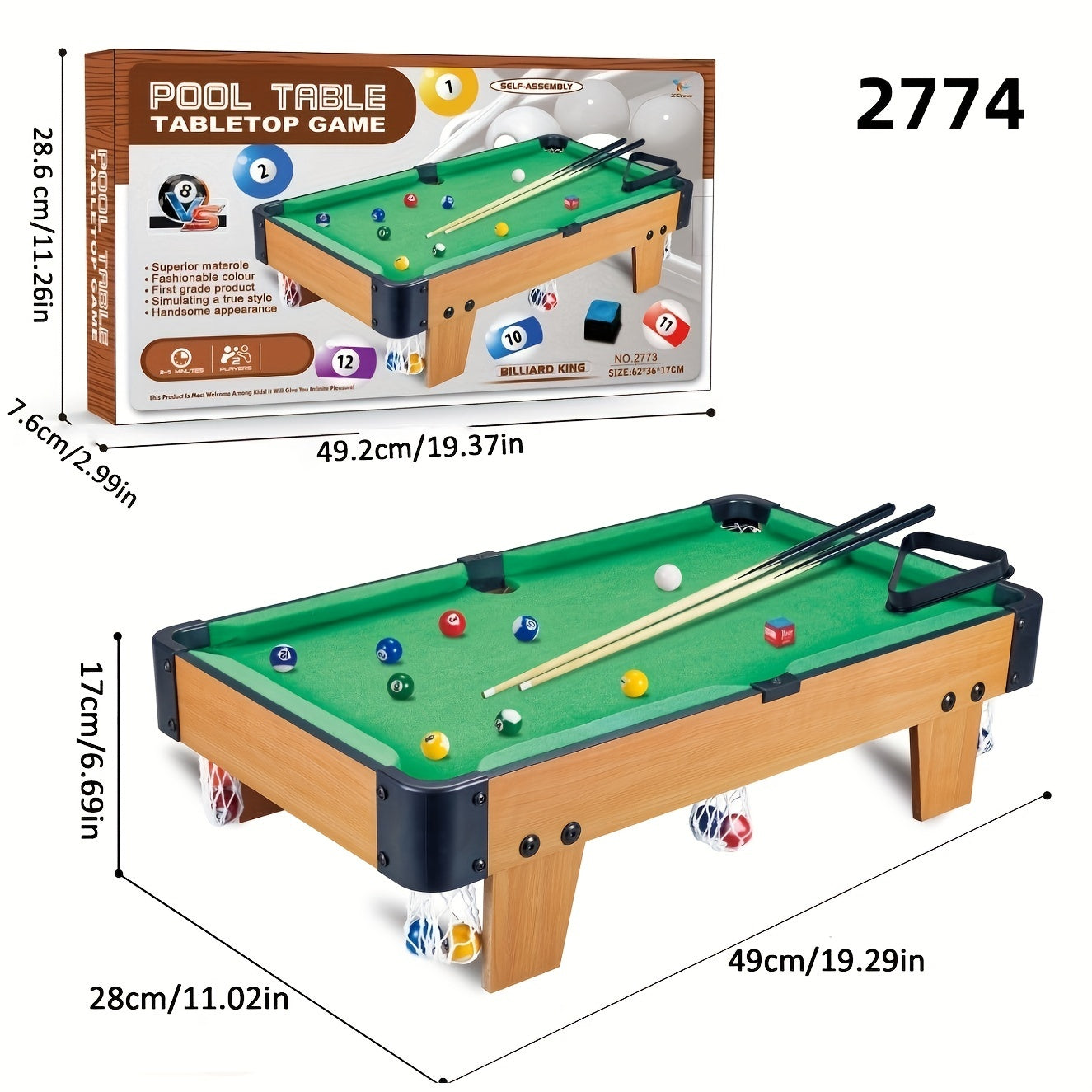 3 sizes of self-assembled pool tables with cues and 15 balls. Ideal for multiple players, made with a wooden frame for indoor fun.