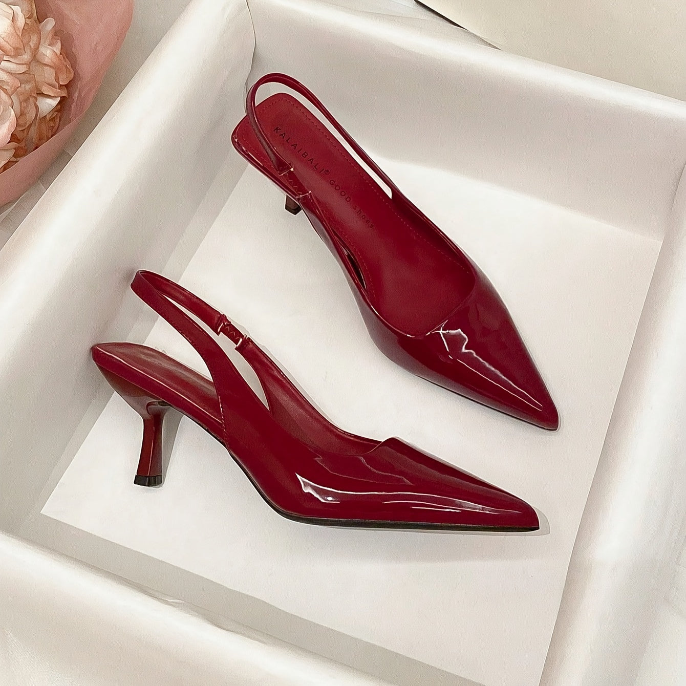 Chic slingback shoes with pointed toe, high stiletto heel, ankle strap, and faux cover in versatile French style for every season.