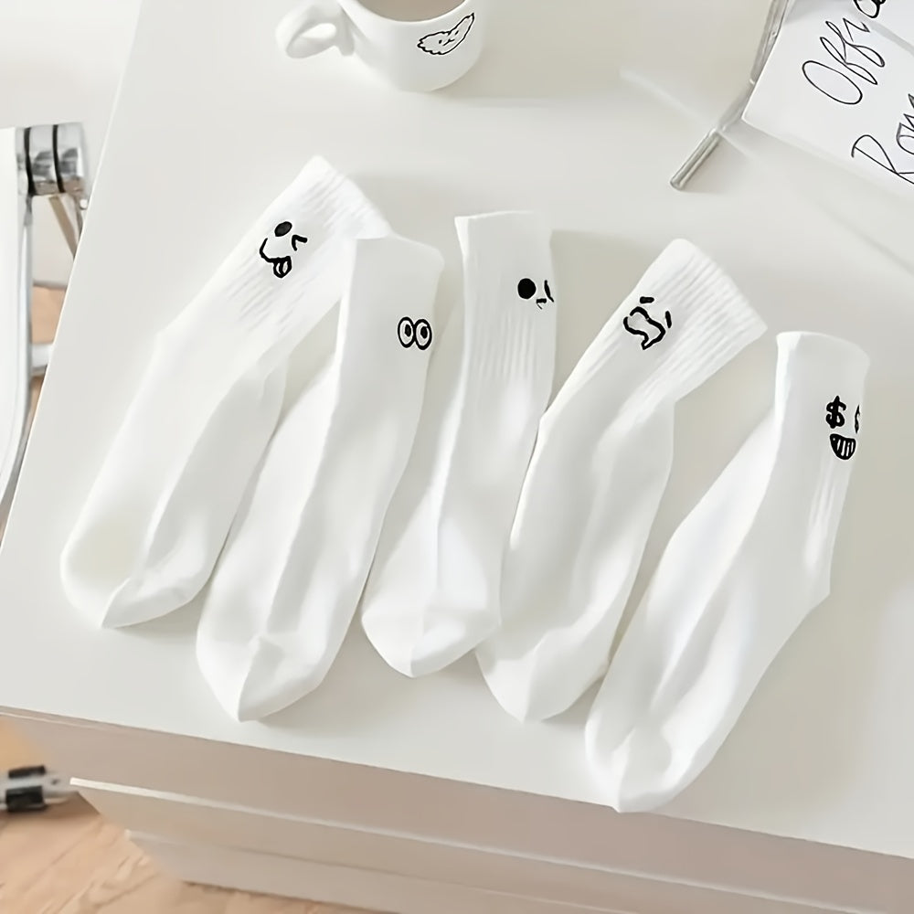 Five pairs of cute cartoon-themed socks, mid-calf length, perfect for women's hosiery.