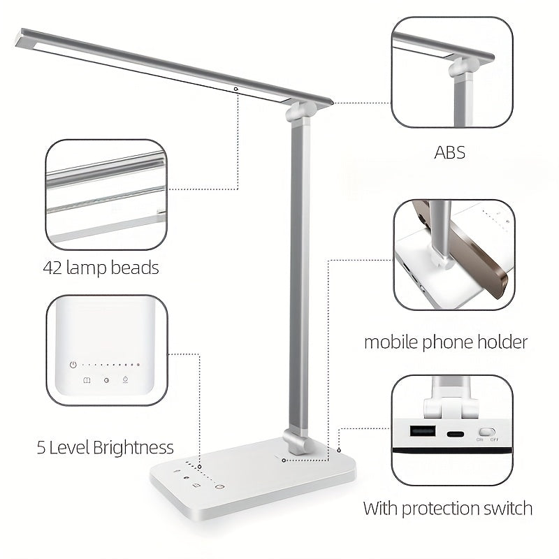 Adjustable LED Desk Lamp with Touch Control, 5 Lighting Modes & Brightness Levels, 45-Minute Auto Timer, USB Powered, Dimmable Table Lamp - White/Black