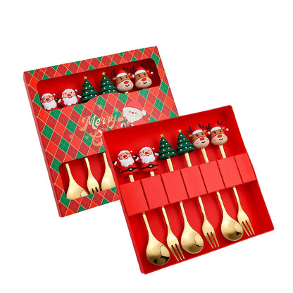 Set of 4/6 Christmas-themed stainless steel coffee spoons and forks in a red or green gift box for stirring beverages and desserts.