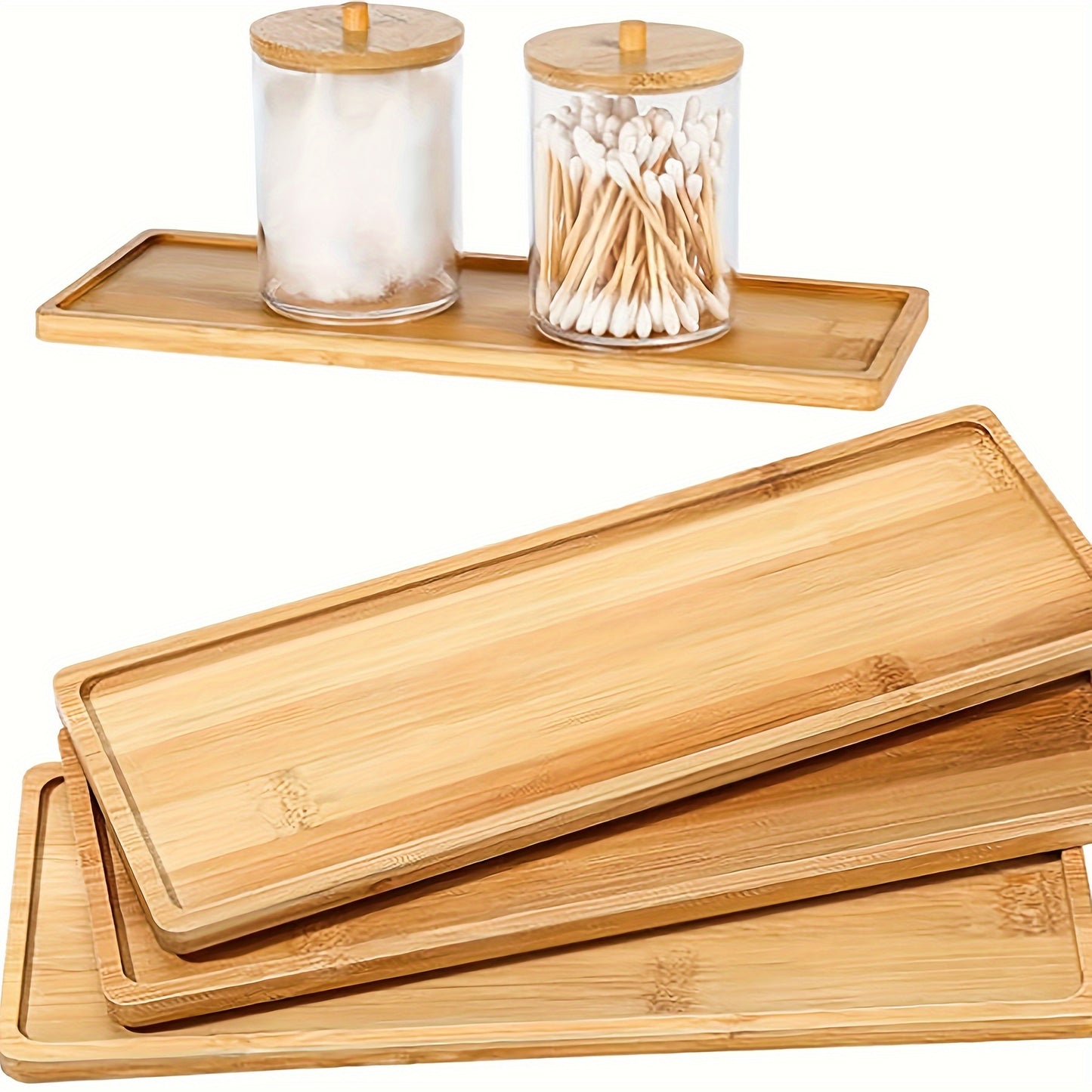 Bamboo Vanity Tray Set with Raised Edges for Multi-Purpose Use in Bathroom, Dresser, and Kitchen for Organizing and Display.