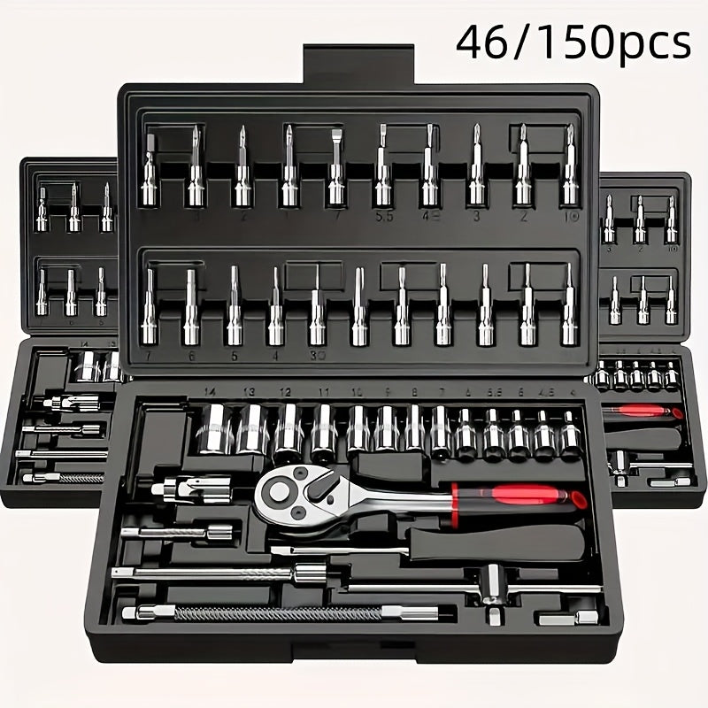 46 piece 1/4" Drive Ratchet Wrench Set with Metric and Extended Rod Drill Bit. Suitable for car repair and home use. High quality ratchet wrench and screwdriver set. Ultra portable with