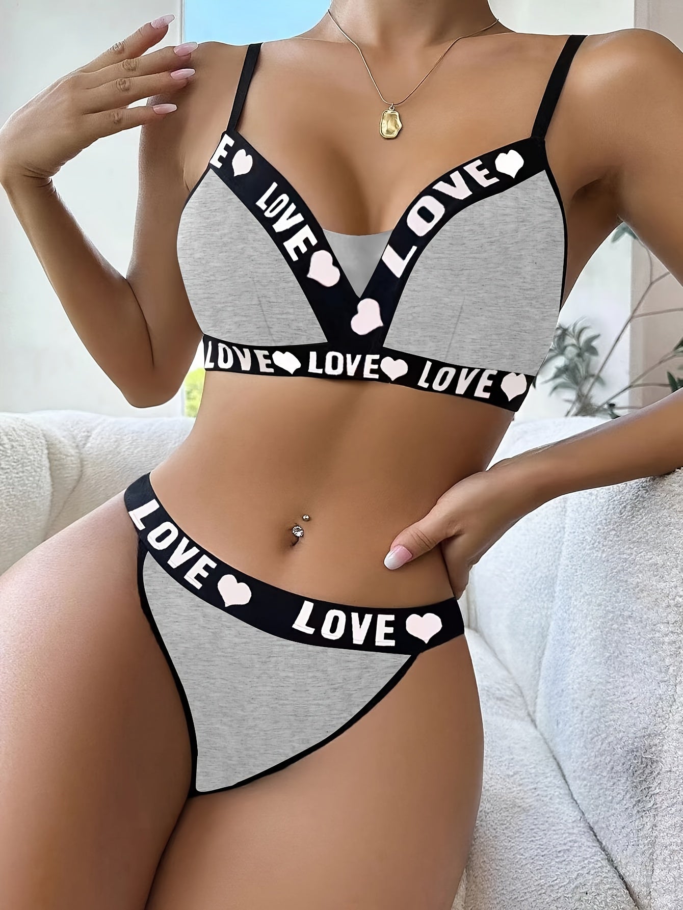 Letter print cami bra and panties set with contrast trim - sexy women's lingerie.