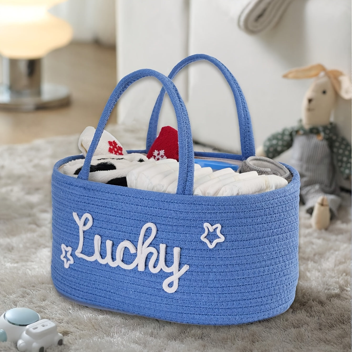 Storage basket made of cotton rope with lettered design, featuring a detachable inner basket for separating dry and wet items. Can be used as a hand-held storage solution.