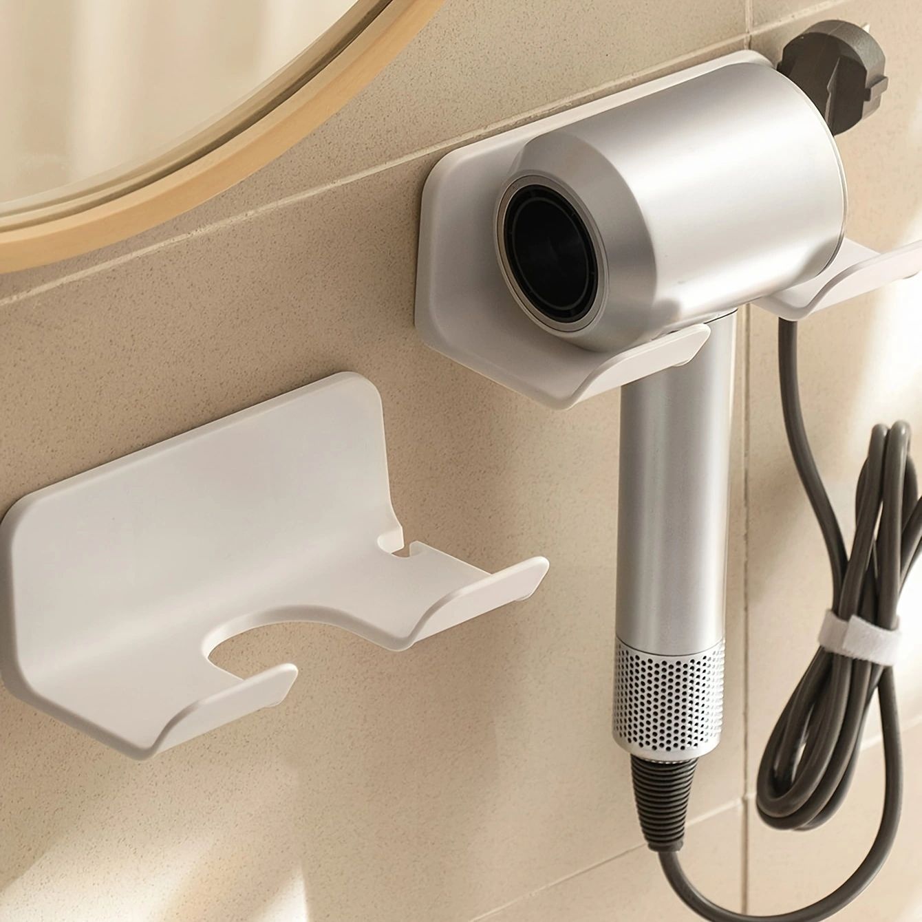 Modern Plastic Hair Dryer Holder - Wall-Mounted Storage Rack for Bathroom and Kitchen Organization, Requires No Electricity