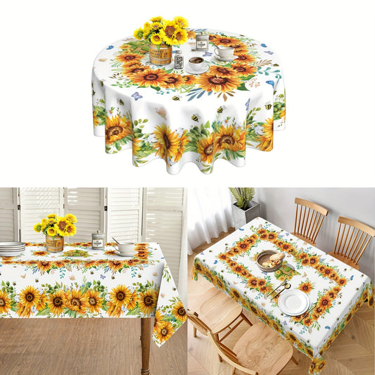 Summer sunflower tablecloth with vibrant floral design, butterflies & bees. Stain & wrinkle-free polyester, round farmhouse style for home kitchen, dining, picnic decor. Great gift. Sunflower pattern. Stainfree fabric for sunflower kitchen decor.