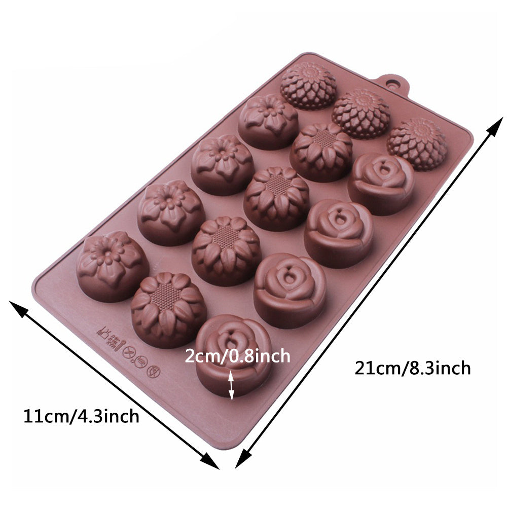 15 small flower-shaped chocolate silicone molds for DIY handmade soap, candy, jelly, mousse, and desserts. Includes 4 different kinds of flower shapes. Perfect for baking and crafting projects.