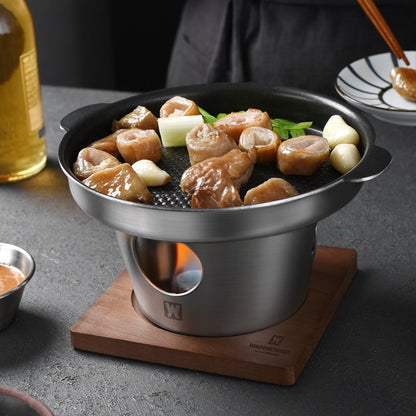 One Piece WAGENSTEIGER Stainless Steel Shabu Shabu Hot Pot - Mini Portable Fondue Set for 1-2 People. Features a Thickened Skillet for Steak Cooking, Multifunctional Home Grill with Stand & Heat-Resistant Base. Fuel-Heated Outdoor Cookware that is Food