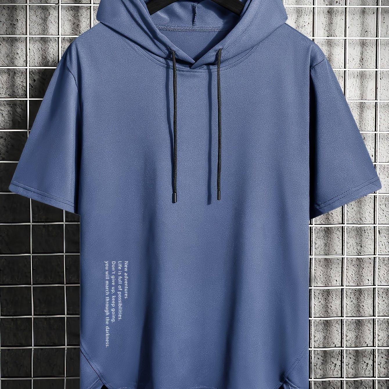 Men's summer casual hooded T-shirt with asymmetrical alphabet print, short sleeve, slight stretch knit fabric, regular fit hoodie for weekend - polyester.