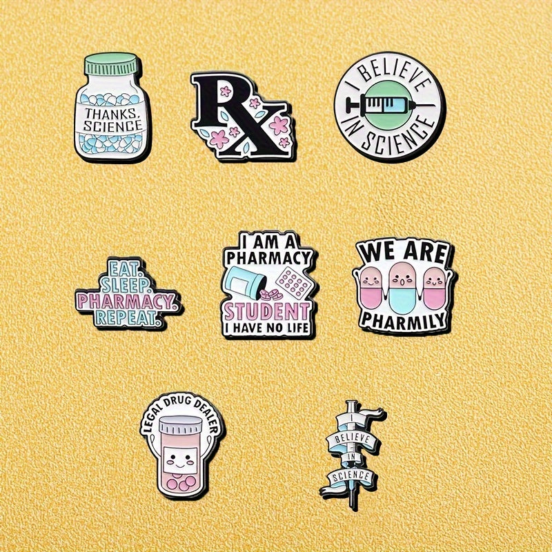 Set of 8 Enamel Brooch Pins - Made of Alloy Metal with Humorous Phrases, Unique Shapes, and Realistic Designs. Perfect for adding a fun touch to Backpacks, Coats, and Hats. Great gift for Pharmacy Students and Science Lovers.