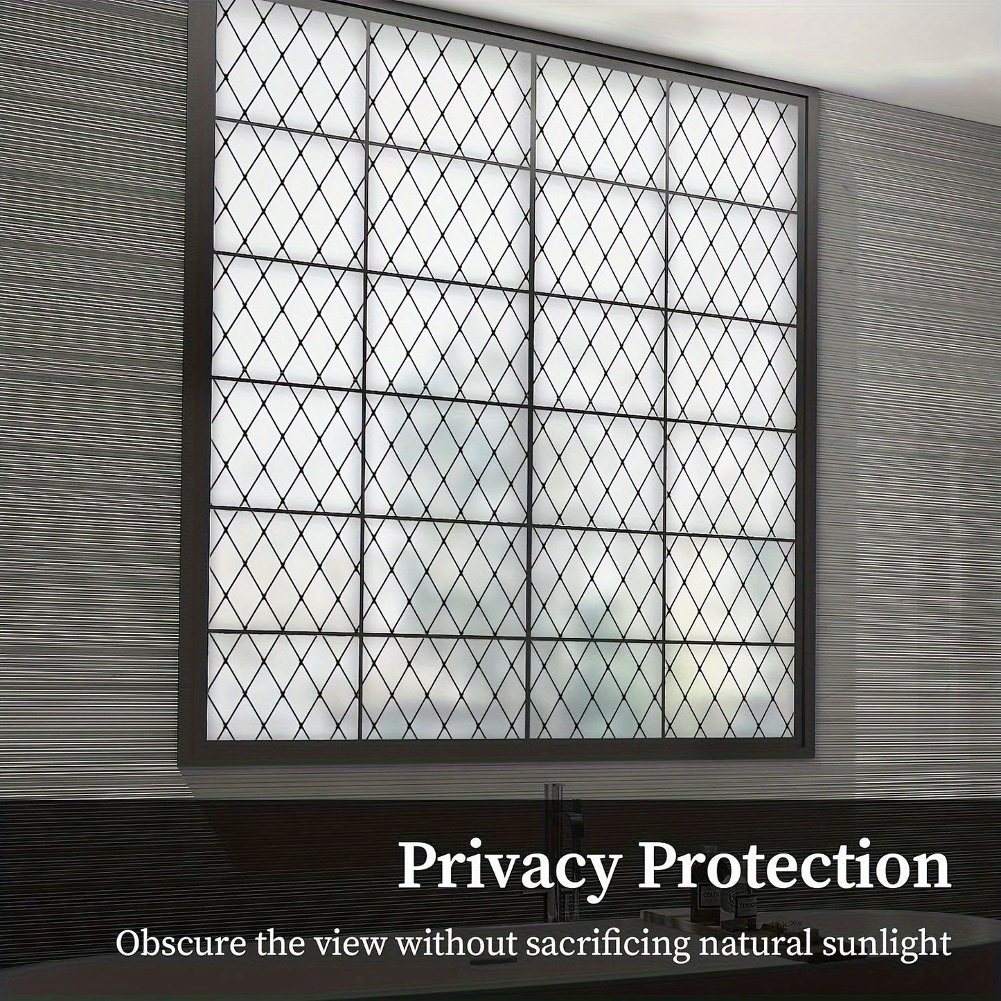 Privacy window film in a black lattice design that is 5mil thick, static cling frosted glass door cover with UV protection. Easy to install for home decor.