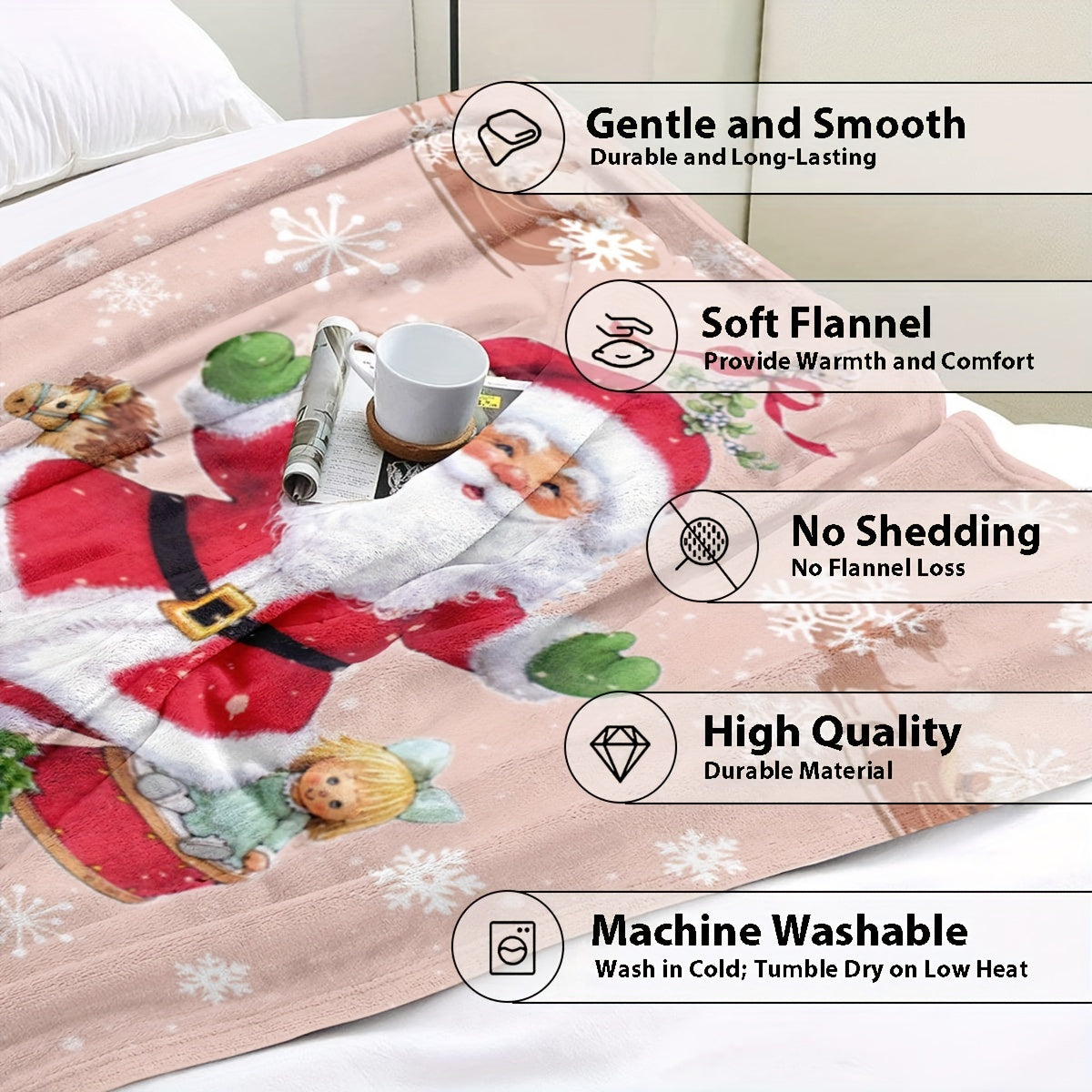 Soft flannel throw blanket featuring a mid-century Santa Claus print. This all-season, stain-resistant blanket is perfect for adding a touch of fantasy to your bedding. With digital print woven craftsmanship, this blanket makes an ideal holiday gift for