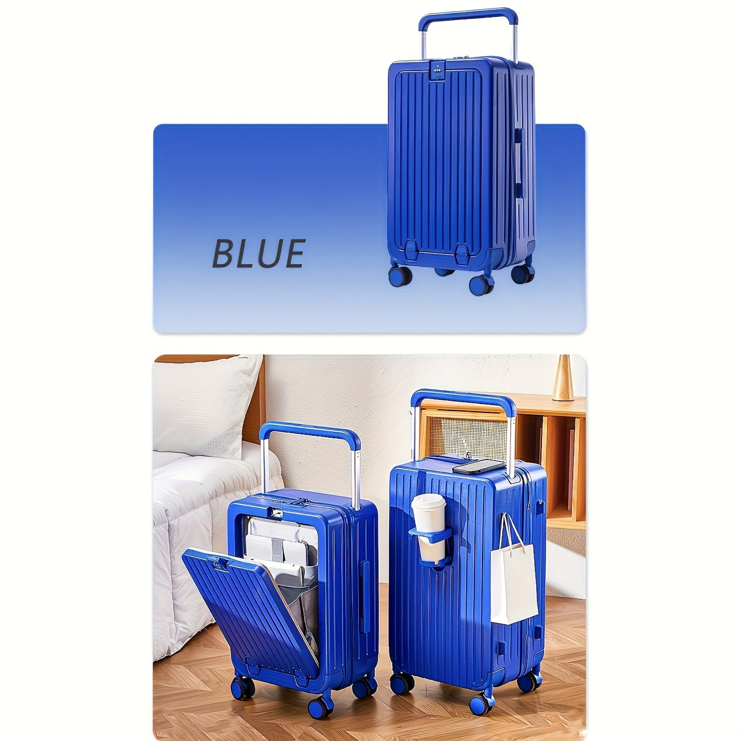 1pc Suitcase with front opening storage compartment, dry and wet separation compartment, unique wheel design, and travel password boarding feature.