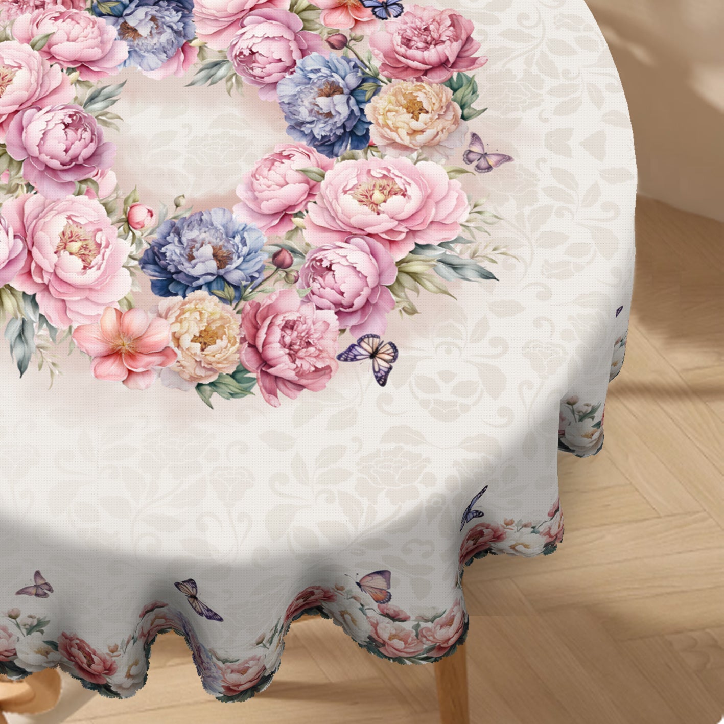 Rectangular polyester tablecloth with spring floral peony and butterfly rose design, machine-woven for indoor/outdoor parties and home decor. Perfect Easter spring decor gift.