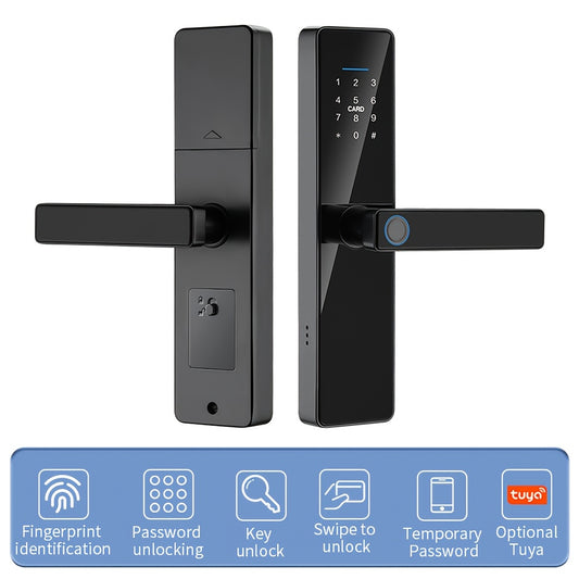 Smart keyless entry door lock with app for easy installation, featuring fingerprint and digital password access.