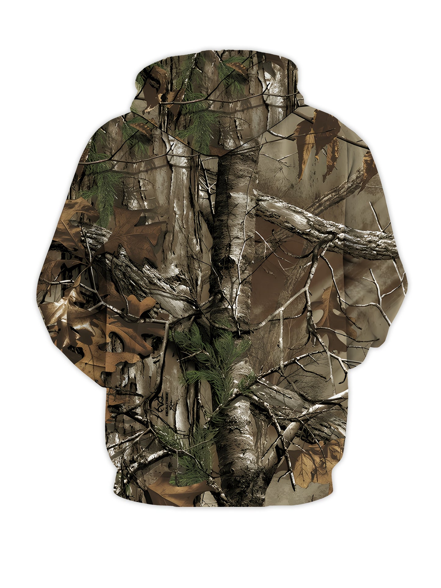 Men's hooded camo jacket in breathable polyester with full-body tree branch print. Features zipper pockets, long sleeves, and a casual outdoor style. Machine washable and available in plus