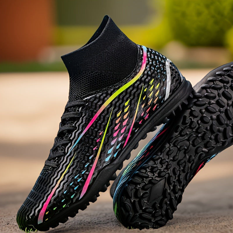 Men's professional soccer cleats with TF artificial grass outsole, lace-up closure, faux upper, fabric lining, rubber outsole, and random pattern design.