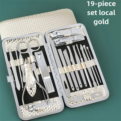 Professional 19-piece stainless steel nail care set for manicures and pedicures, includes cuticle nippers, clippers, files, and grooming tools. Ideal for precision trimming and shaping