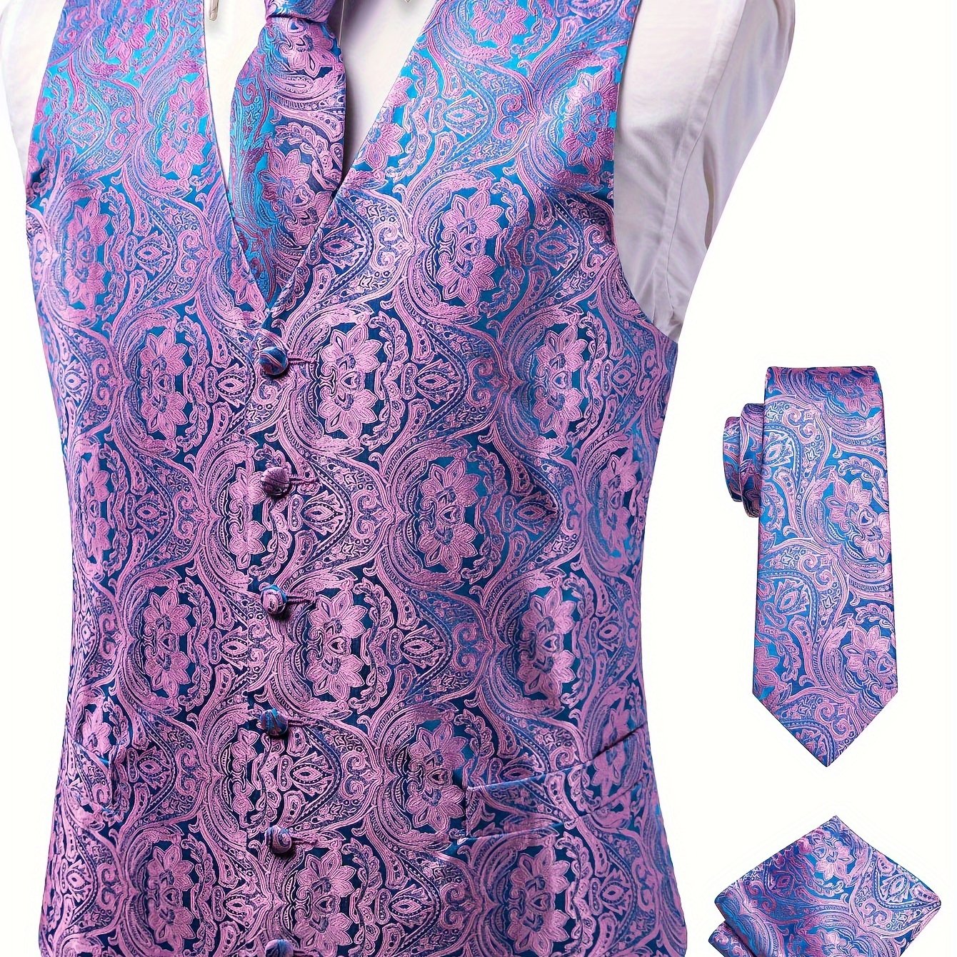 Set of 4 Plus Size Men's Paisley Vest with Necktie, Hanky, Cufflinks for Business, Wedding, Party