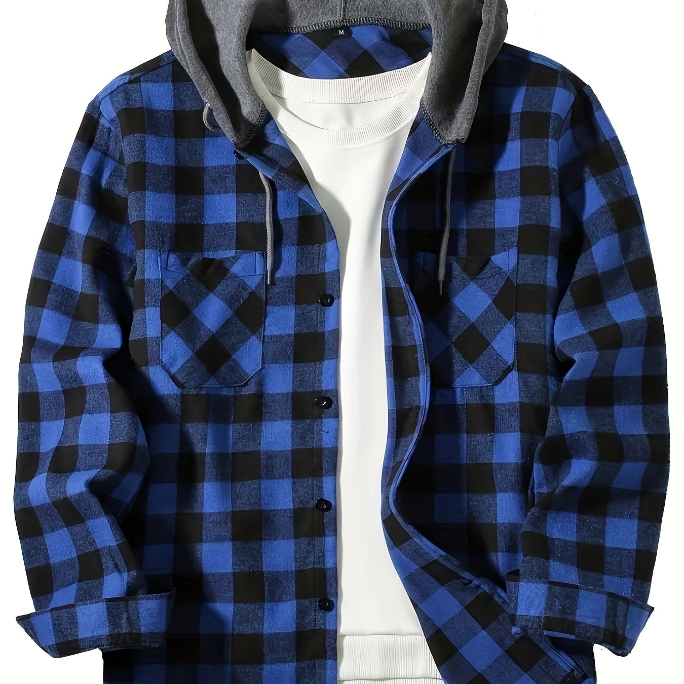 Men's plus size plaid hooded shirt with long sleeves, double pockets, and casual loose fit, made from polyester fabric. Suitable for spring or autumn, in a college-style design and