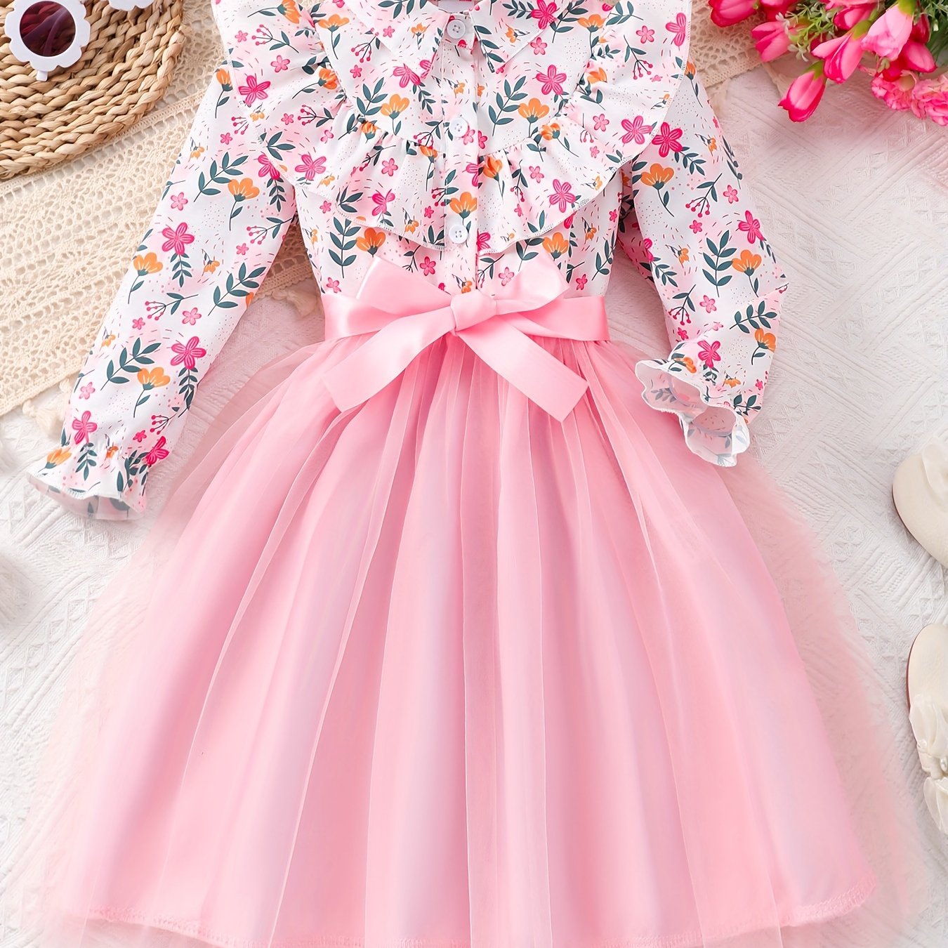 Girls' long sleeve dress with floral ruffle detail, perfect for fall and winter holidays and outdoor activities.