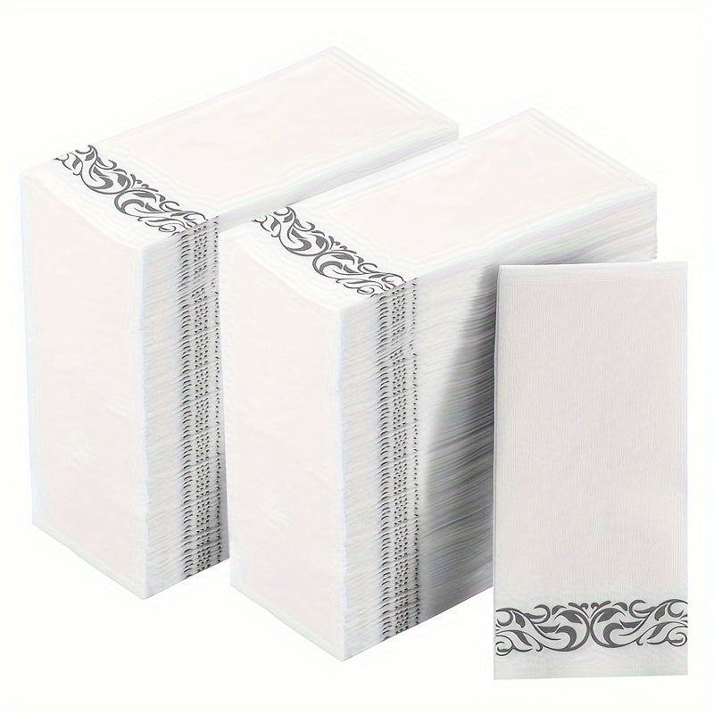 A pack of 150 disposable guest towels featuring a linen-like design, perfect for the kitchen, parties, weddings, banquets, or as decorative hand towels in bathrooms. Each box contains 3 packs, with 50 towels in each pack, for a total of 150 towels.