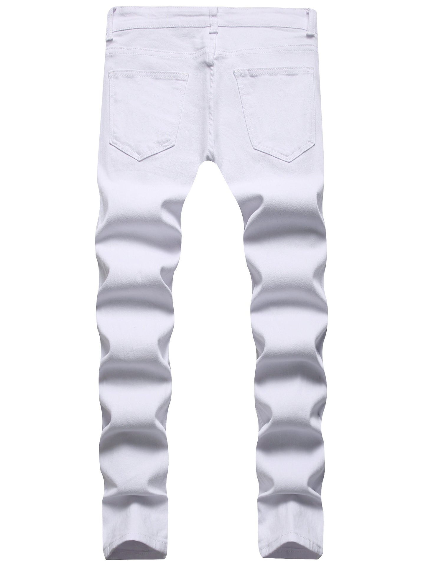 Men's slim fit stretch denim jeans with distressed details, ripped badge accents in grey color.