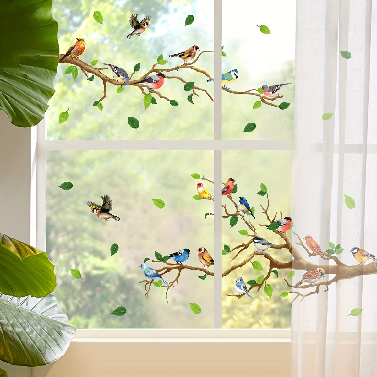 Dual-Sided Electrostatic Glass Window Decal featuring Vibrant Bird & Branch Design - Reusable, 5mil Thick, Colorful Bird Species, Perfect for Bedroom & Study Room Decor