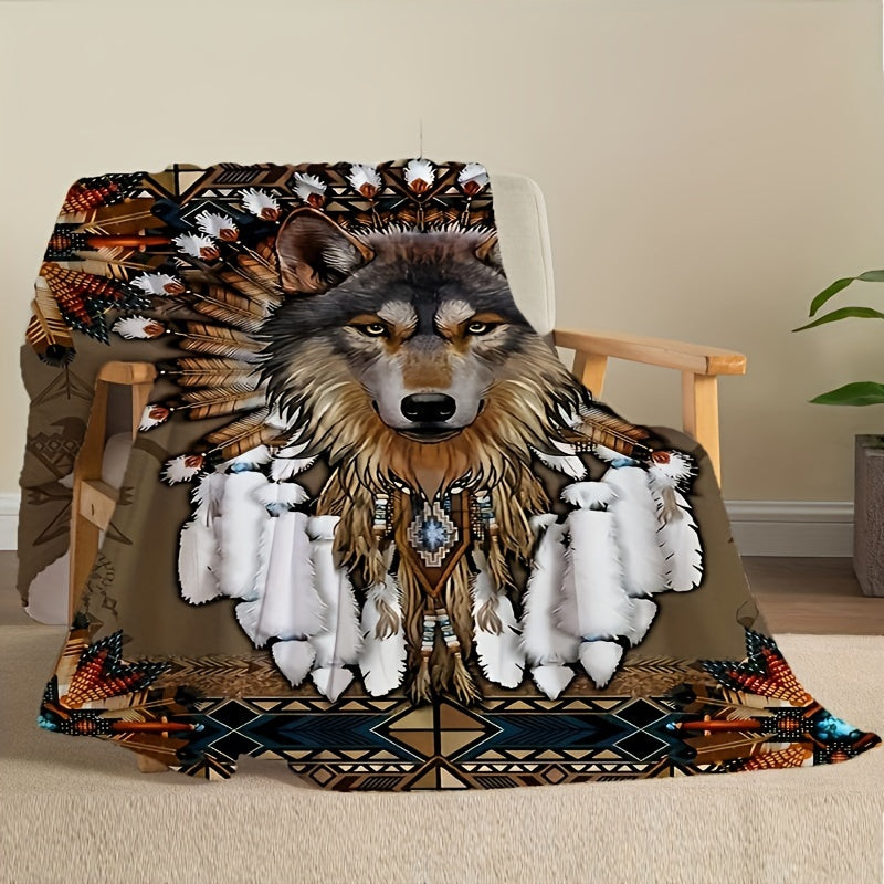 1 piece of Native American inspired blanket featuring a wolf feather print design. Made of soft and warm flannel, this blanket is perfect for snuggling up on the couch, sofa, office, bed, or even taking on camping trips or travels. A versatile gift for