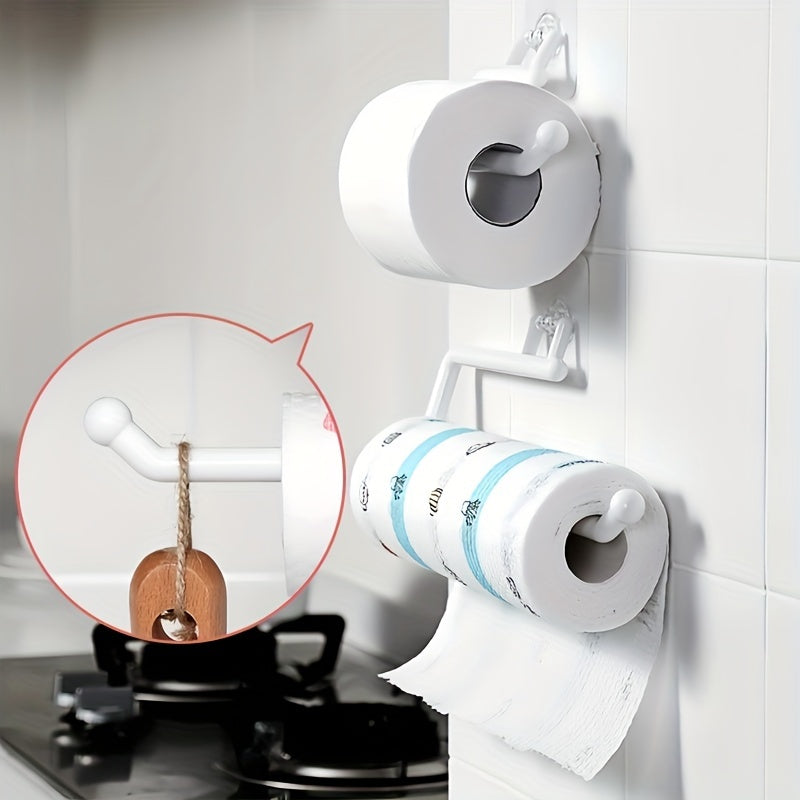 Wall mount kitchen paper towel holder made of plastic - also serves as a dispenser for toilet rolls, storage rack for cling film, and organizer for rags. This space-saving bathroom accessory is versatile and practical.