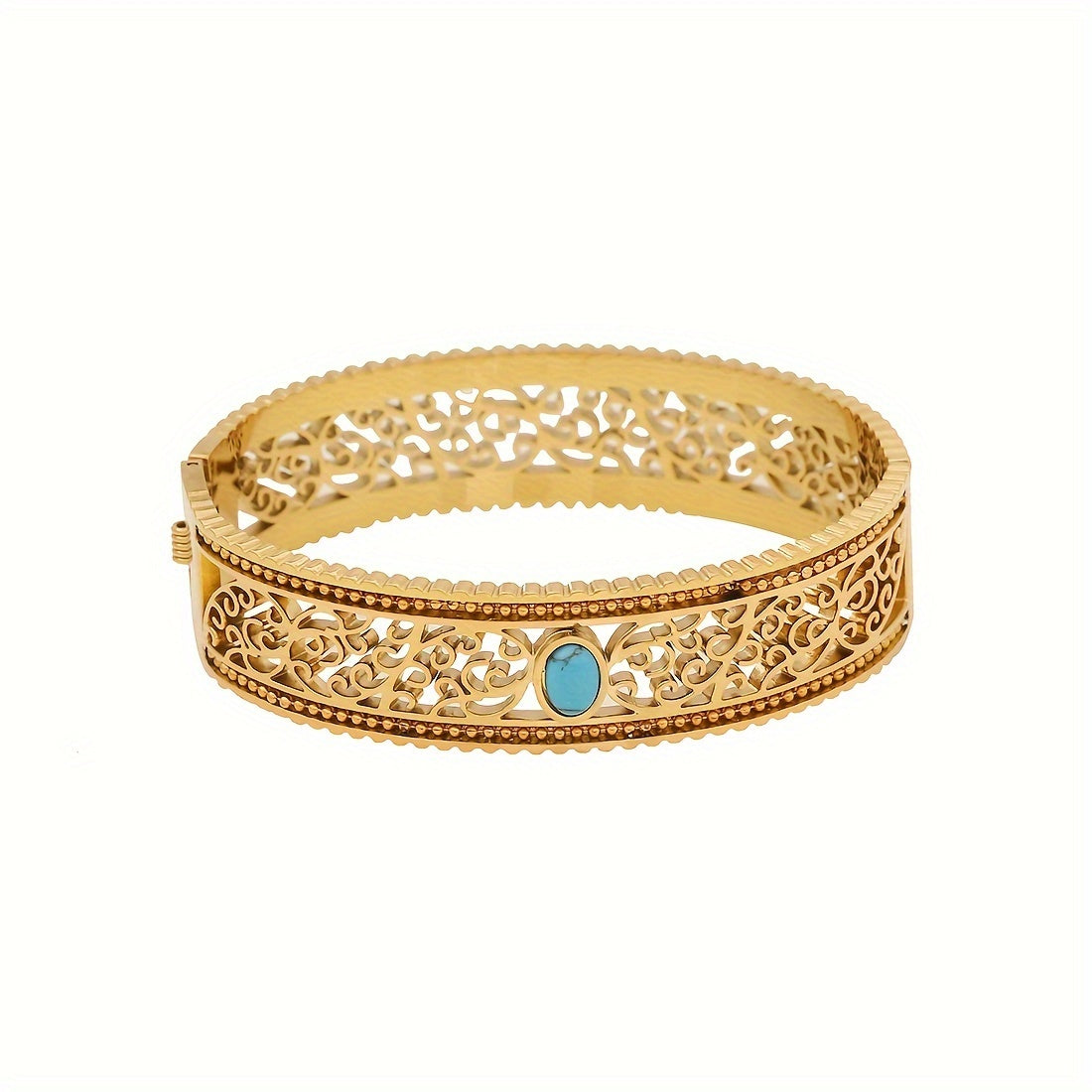 1pc of Vintage Style 18K Golden Plated Stainless Steel Bracelet featuring Turquoise Inlay and Hollow Pattern Design, specially designed for women as a Daily Wear Jewelry piece. This bracelet is the perfect Valentine's Day Gift.