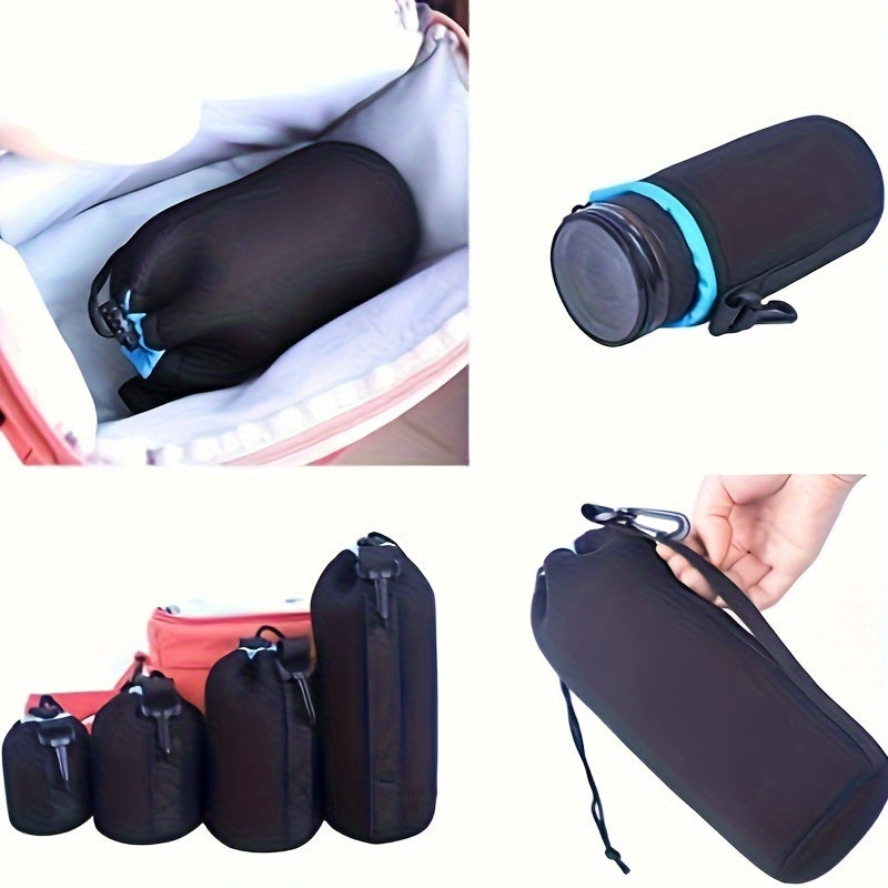 Set of waterproof camera lens bags, featuring a large SLR lens tube with a suede storage pocket. Constructed with durable synthetic fabric, this portable lens case includes a carrying strap for photography accessories.