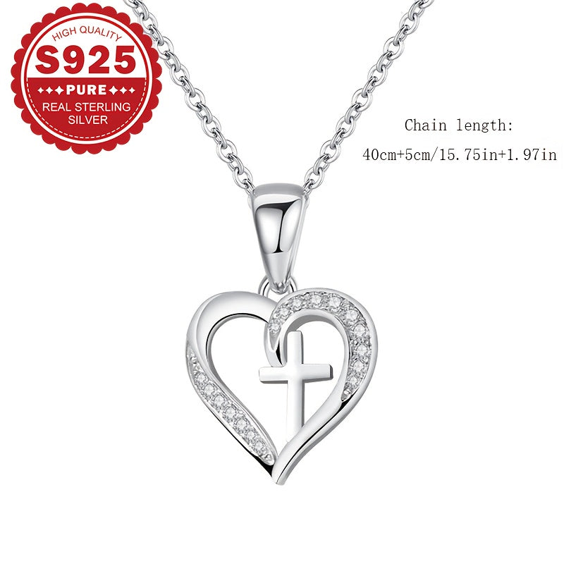 Elegantly designed heart cross pendant necklace made of Sterling Silver S925, adorned with Synthetic Zirconia. Hypoallergenic and lightweight at 4.5g, ideal for everyday wear or as a special Valentine's Day gift. Presented in a gift box for easy gifting.