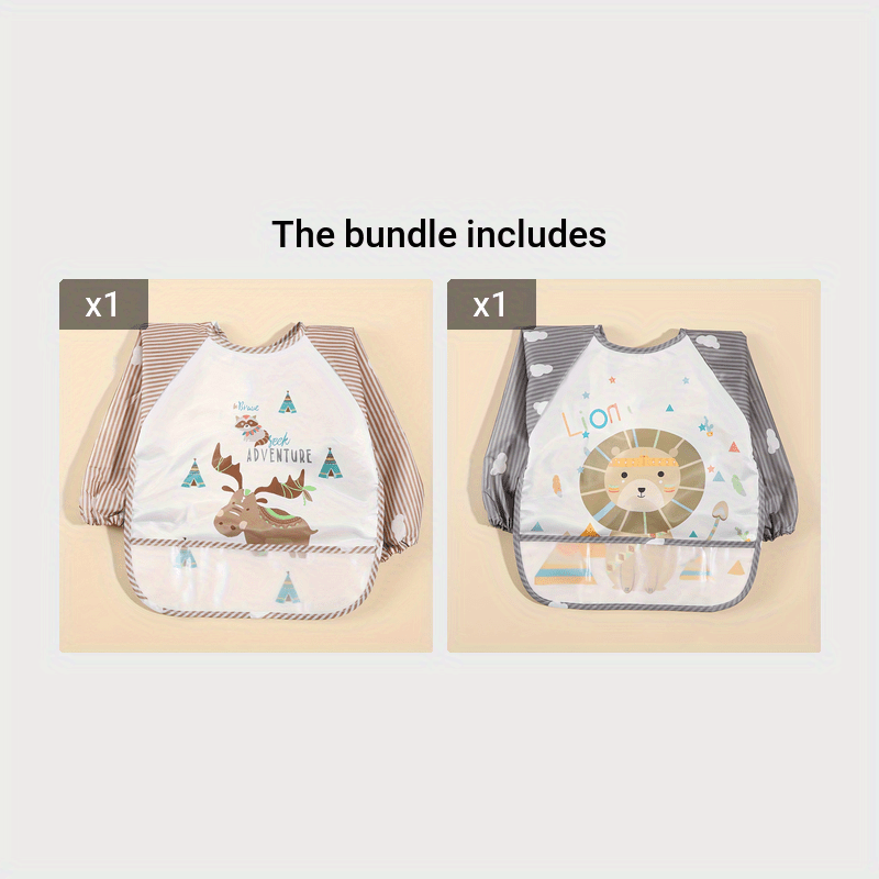 Long-sleeved Waterproof Feeding Bib with Adorable Cartoon Design, Reversible Wear Option.