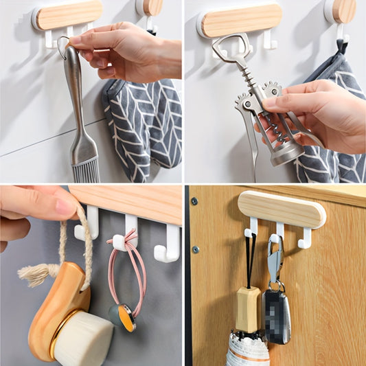 Wooden hook with strong adhesive for easy installation, available in multiple colors for keys, bottle openers, and more.