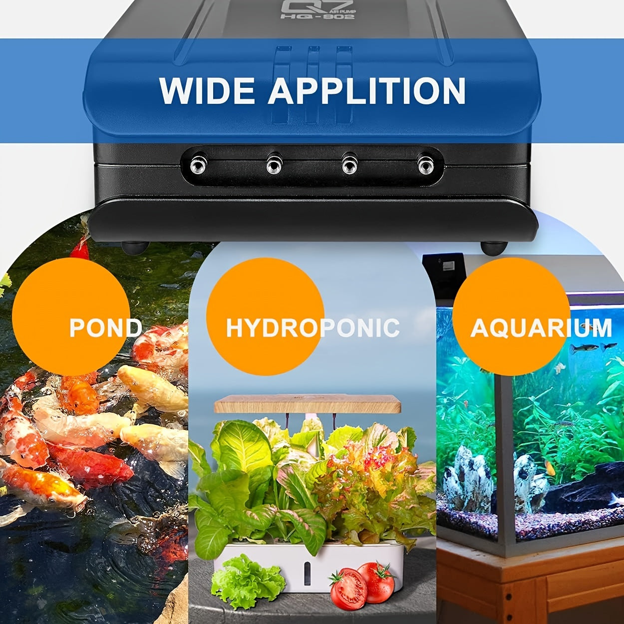 Quiet fish tank air pump with 4 outlets for aquariums up to 400 gallons, no battery needed.