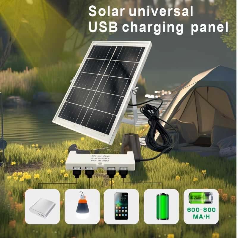 The Solar-Powered charging strip has four USB ports that can charge multiple devices simultaneously with an output of 600-800mA per hour. It includes a standard 5-meter cable.