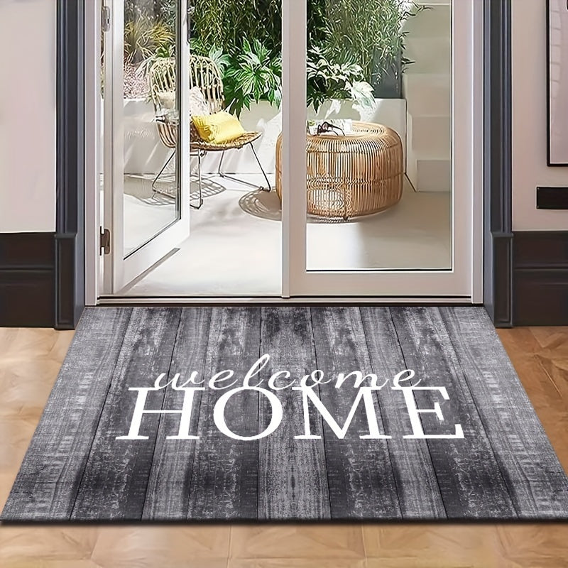 Wood panel design welcome mat made of non-slip, easy-to-clean, lightweight and fade-resistant material suitable for both indoor and outdoor use. Ideal for use in living rooms, bedrooms, kitchens, patios, and laundry rooms.