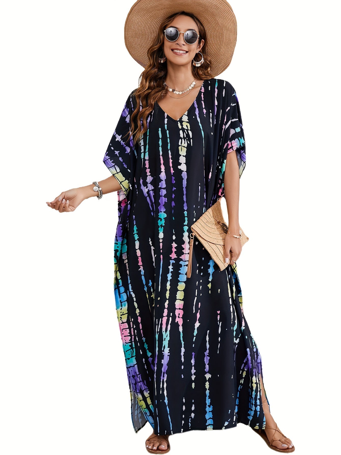 Plus Size Boho Cover Up with Tie Dye Stripes and Batwing Sleeves