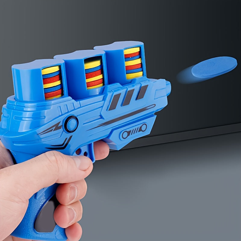 Safe foam disk launcher gun for interactive indoor and outdoor play for boys and girls. Perfect for birthday gifts, school rewards, and party favors. Suitable for cat interaction.