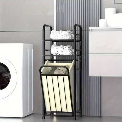 Modern metal laundry hamper with shelf, towel rack, removable liner bag, and open top storage basket in black for various rooms.