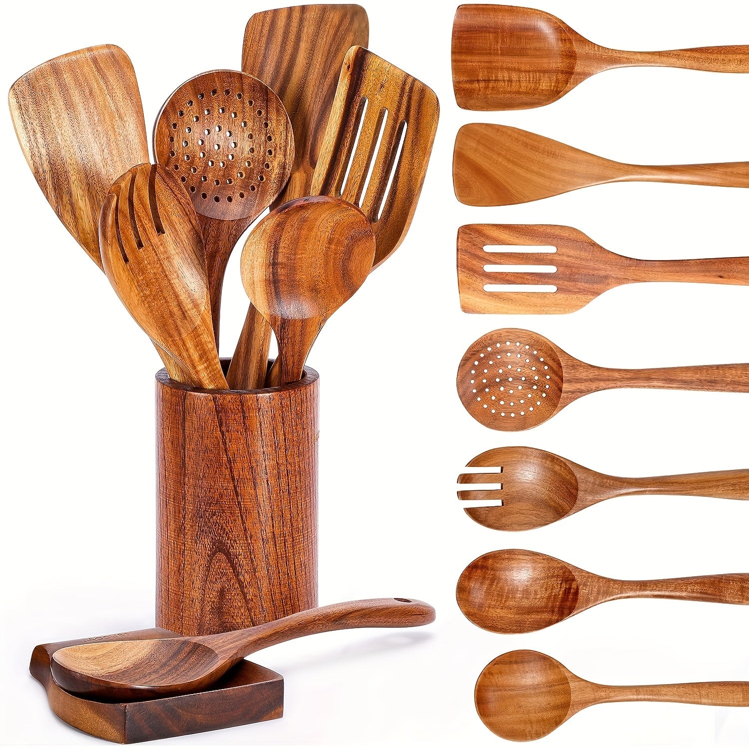 9-piece wooden cooking utensil set for non-stick pans, including shovel, spoon, salad fork, and more.