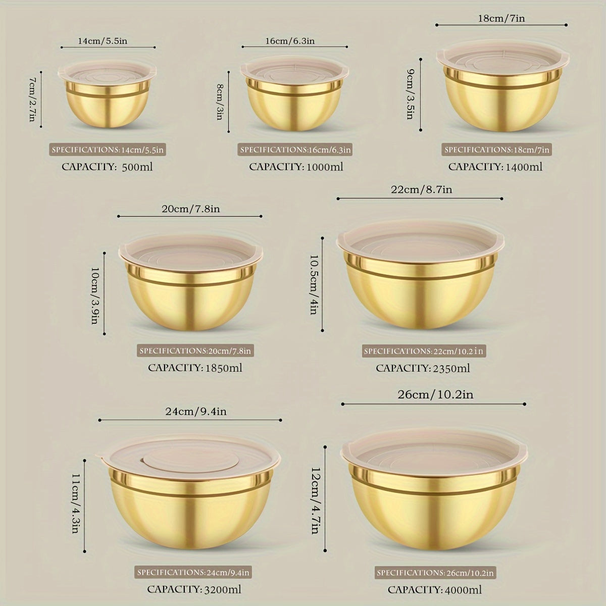 Stainless steel mixing bowl set in gold with lids in white, black, and khaki. Ideal for Christmas serving, baking, preparation, cooking, and serving food. Nested design saves space, dishwasher safe. Available in various sizes from 500ml to 4000ml.