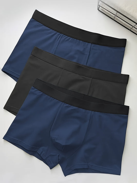 3 pieces of men's solid color polyester boxer shorts for casual sports and comfortable underwear.