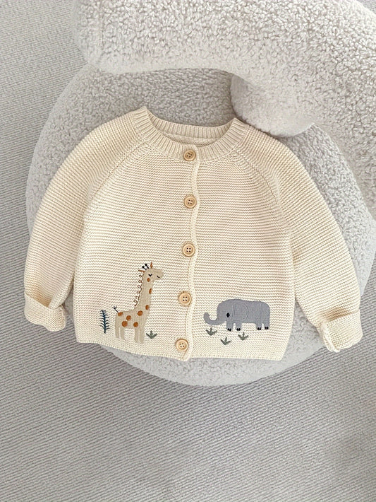 Cute cartoon knit cardigan for baby girls, crew neck, long sleeve with slight stretch, regular fit for spring/fall. 100% cotton.